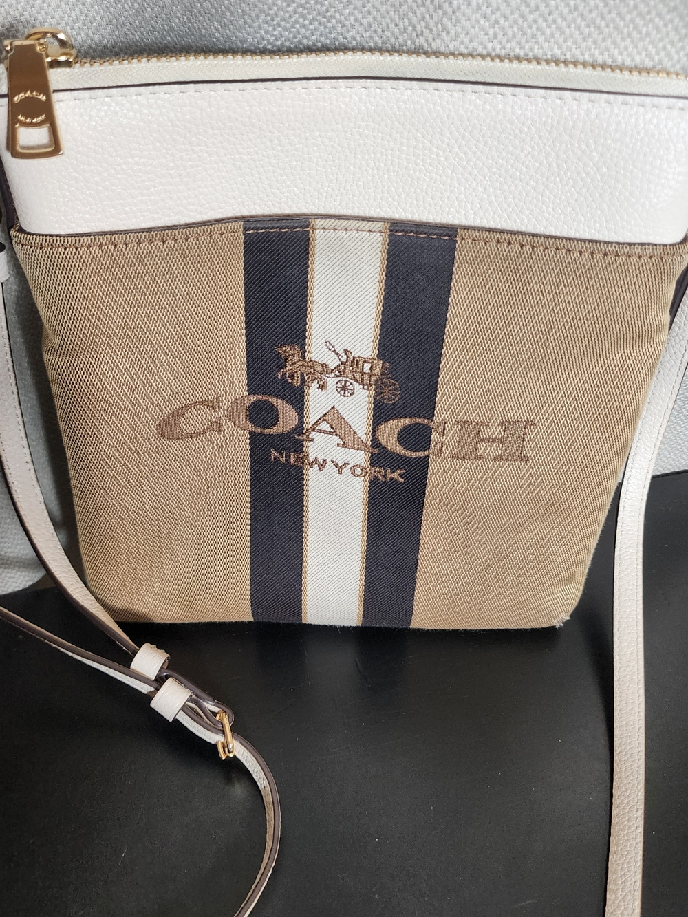 COACH New York Tan Canvas & White Leather Crossbody Bag